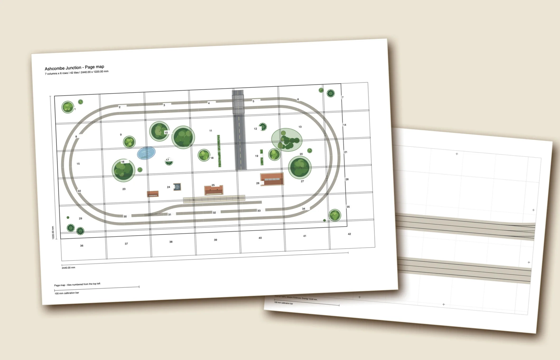 Two pages of an exported plan: the page map numbering 42 tiles, and one full-size tile with registration crosses.